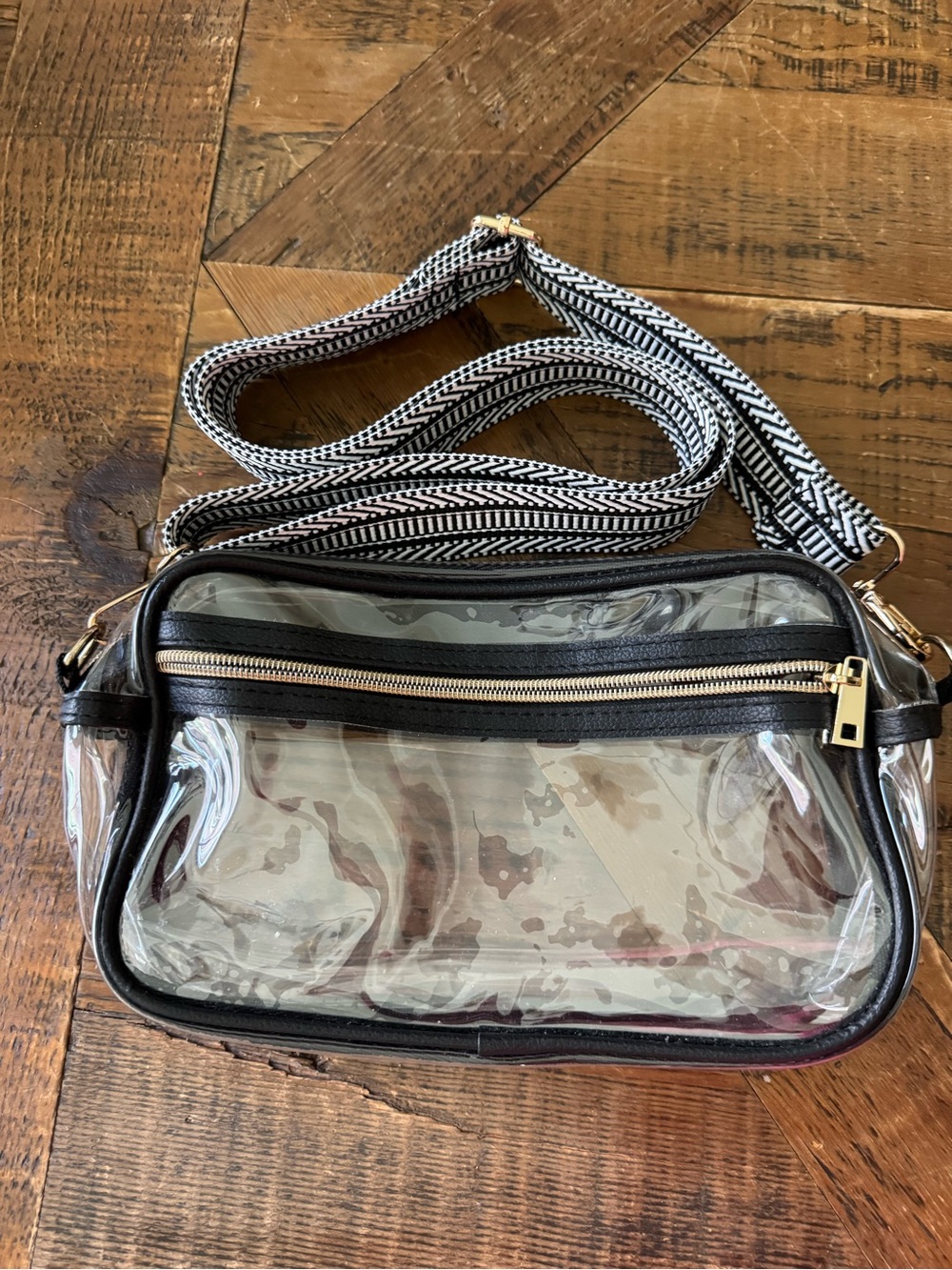 Clear Crossbody Bag with Black Trim and Patterned Strap